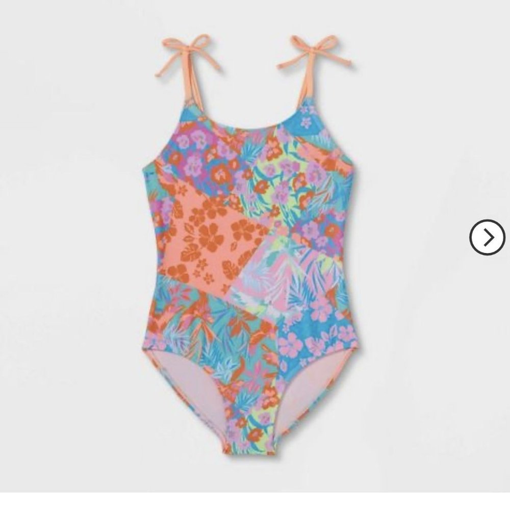 Cat & Jack Girls' Floral Print One Piece Sleeveless Back Tie Swimsuit Size XS